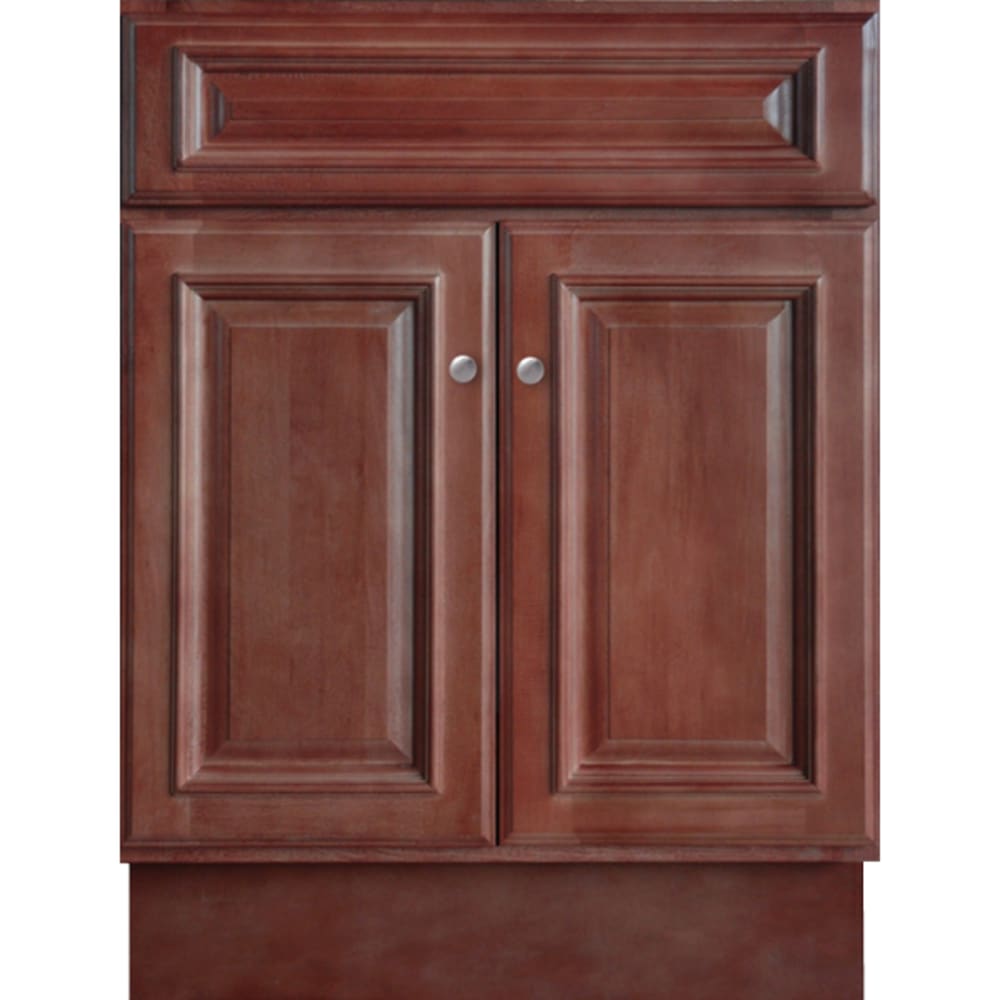 Beautiful cherry finish. 1/2" plywood sides and back with 3/4" cabinet face frame. Solid maple raised panel with applied moulding drawer 5024363 Savannah Merlot 24x18 Two Door Vanity base
