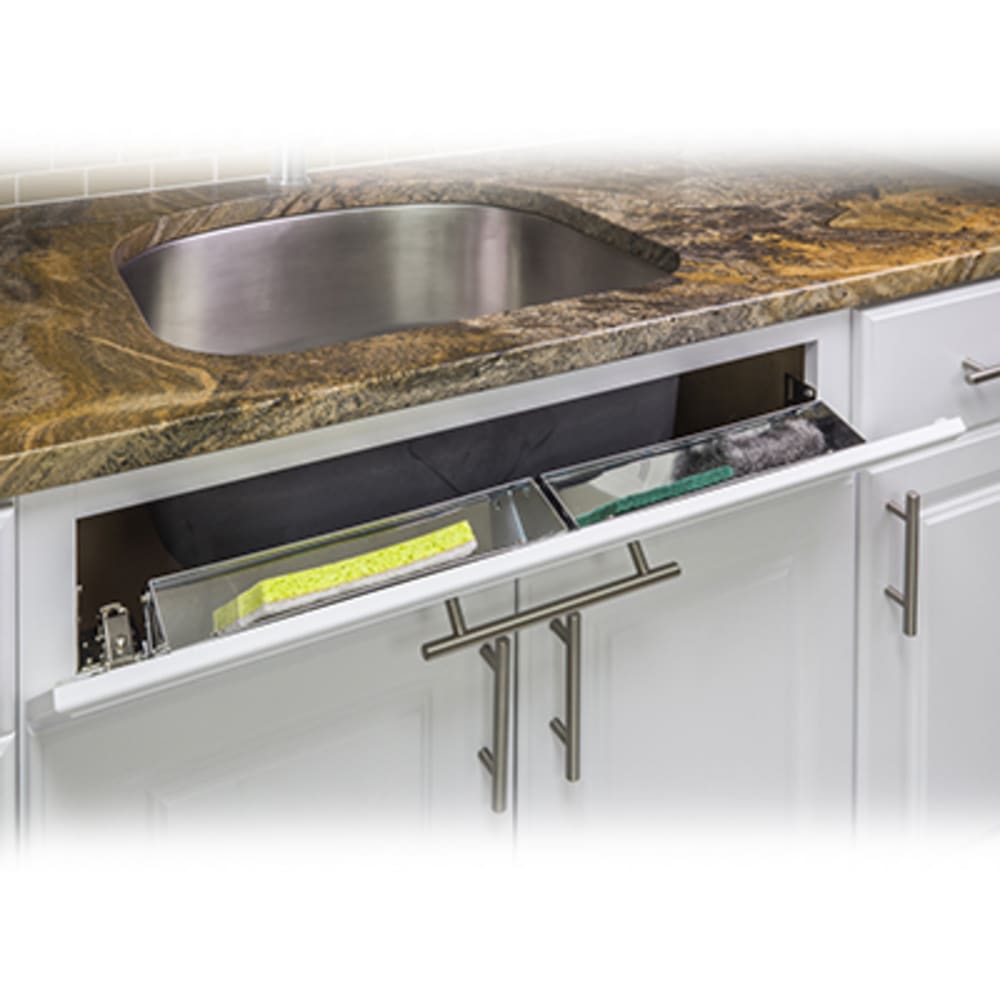 Tipout tray makes front of sink base a convenient way to hide sponges, abrasive pads, strainer baskets, etc. out of everyday view and keep 5049039 Sink Front Cabinet Storage Tipout Tray 11 wide Stainless Steel