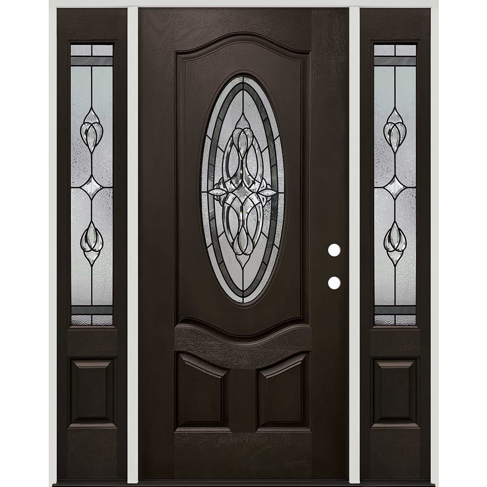 Twin Sidelights And Oval Insulated Glass Insert With Decorative Zinc (Silver) Caming Pattern; Left Hand. Center door is 36"; Sidelights are 45320046 60 Prefinished Prehung Fiberglass Exterior Door Unit Left Hand