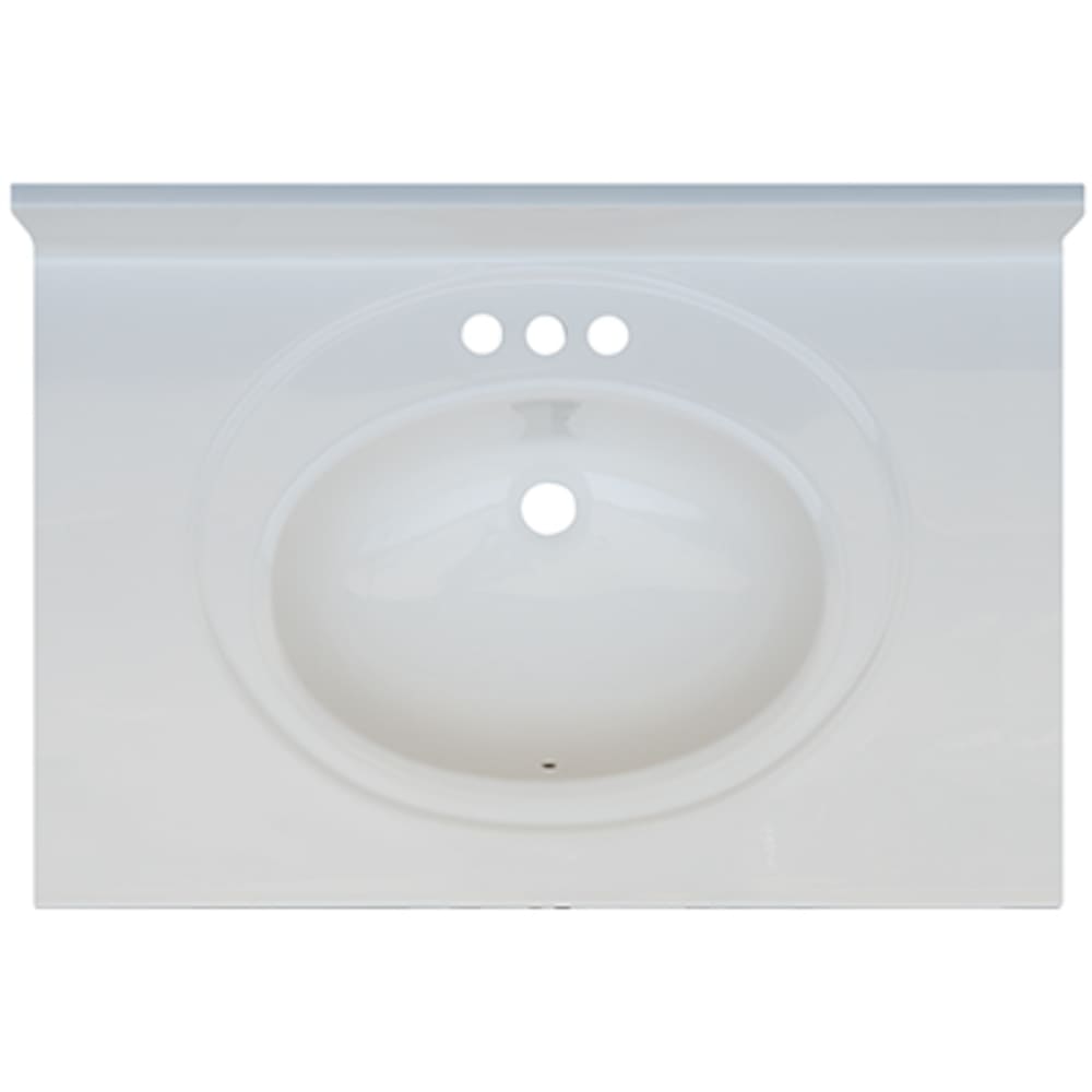 Seamless bowl construction, attached seamless backsplash. Oval Bowl w/ radius edge. 4" oc faucet holes compatible with most standard 5020693 Solid White 31x22 Engineered Stone Vanity Top