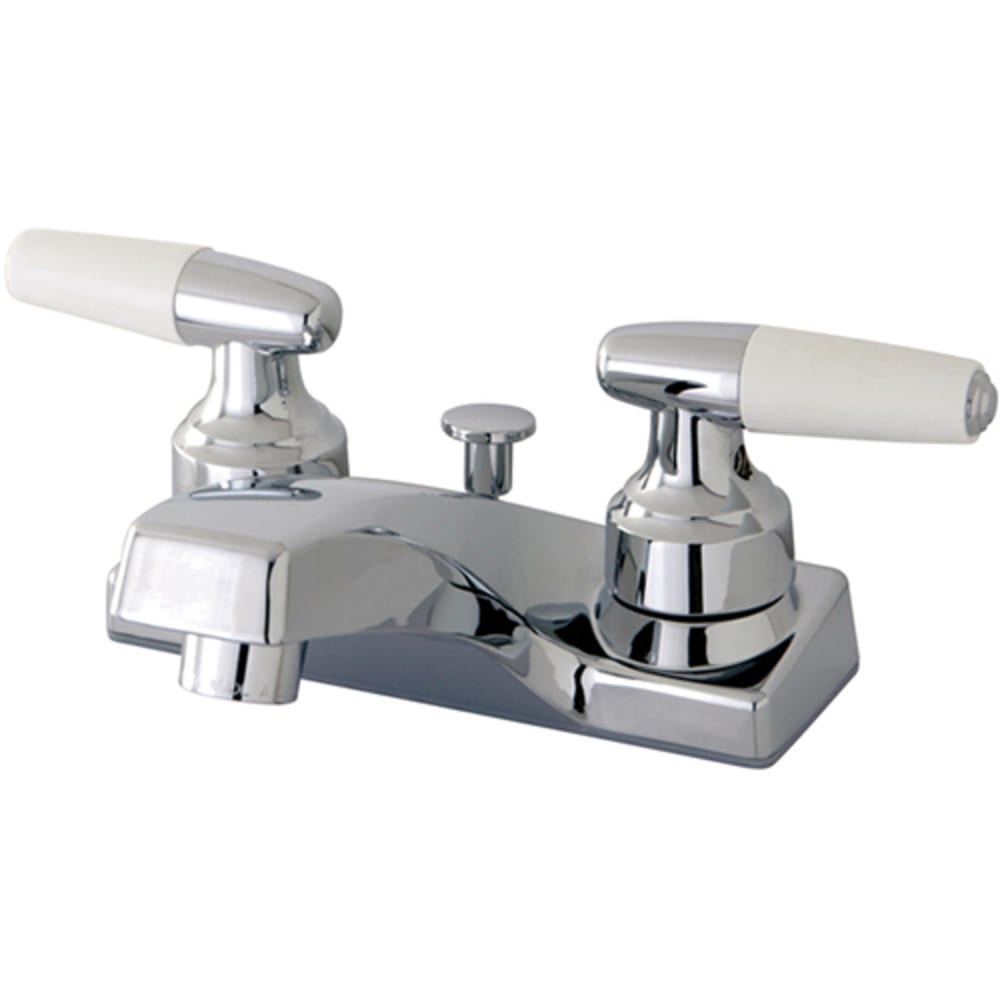 Dual lever, porcelain handles allow for easy management of water volume and temperature. Faucet operates with ceramic cartridges for drip- 8020209 Dual Porcelain Handle Chrome Faucet w popup
