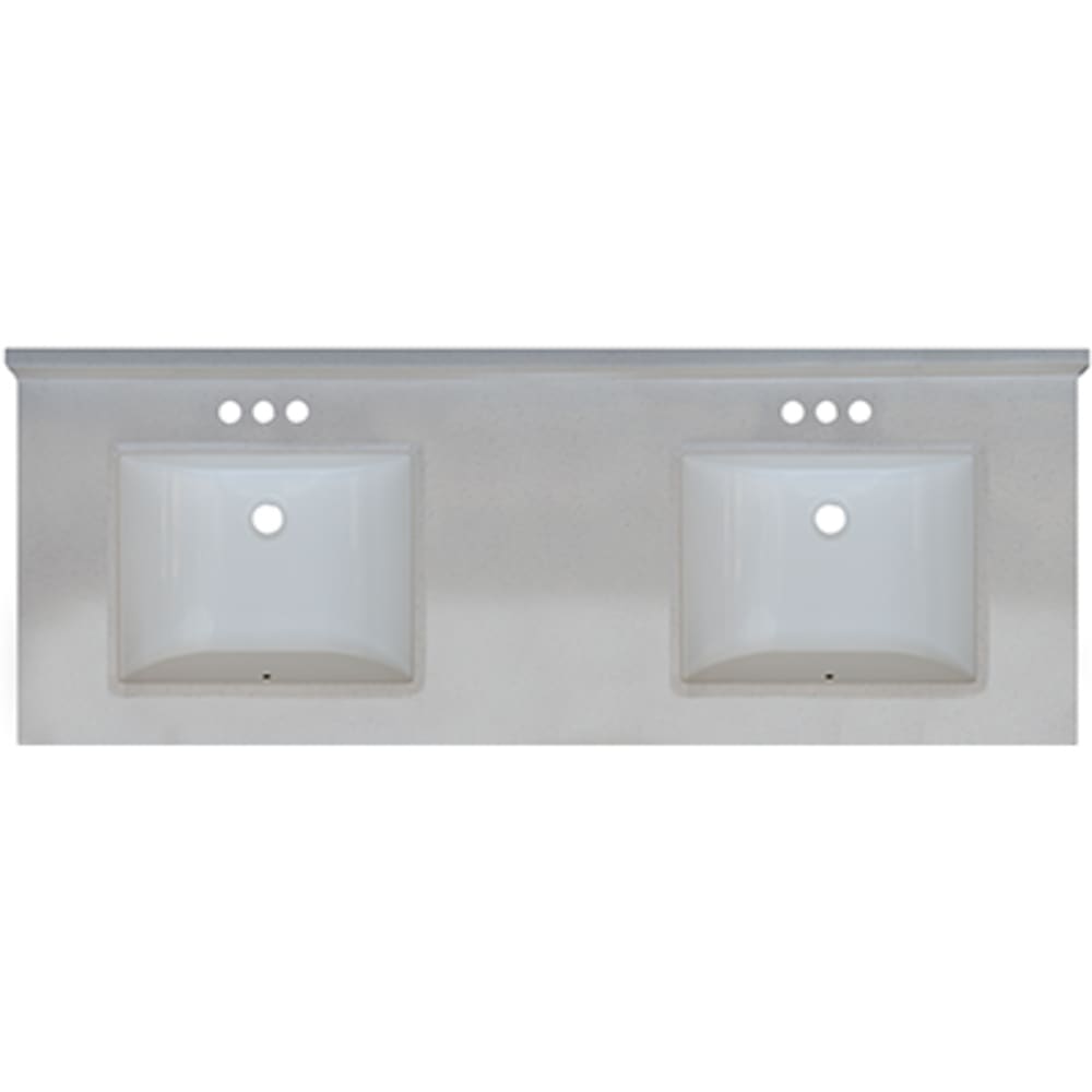 Seamless bowl construction, attached seamless backsplash. Double Bowl w/ radius edge. 4" oc faucet holes compatible with most standard 5020714 Snow Drift 61x22 Engineered Stone Granite Finish Vanity Top