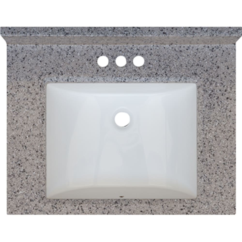 Seamless bowl construction, attached seamless backsplash. Rectangular "Wave" Bowl w/ radius edge. 4" oc faucet holes compatible with most 5020697 Rocky Trail 25x19 Engineered Stone Granite Finish Vanity Top