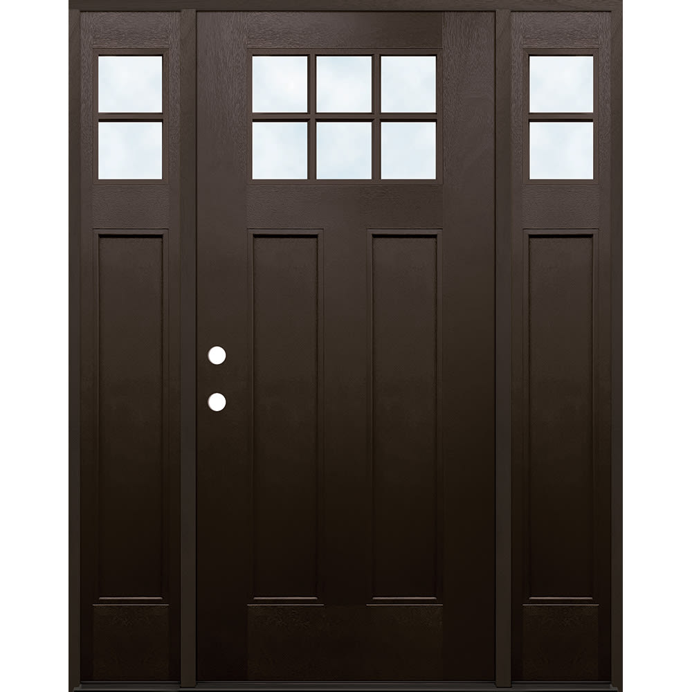 This 6-lite craftsman pre-finished mahogany-colored fiberglass door unit is 36" wide with 12" sidelites. Contains insulated clear glass 4533152 60 FIBERGLASS 6 LITE W SIDELIGHTS DOOR UNIT 60 RIGHT HAND