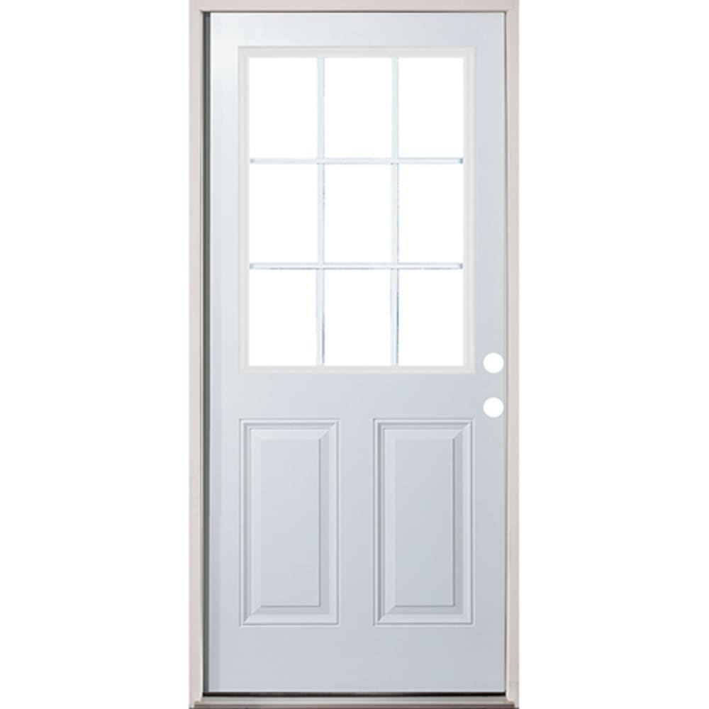 Insulated glass insert with external grids; 22" x 36". Energy efficient insulated exterior door unit. Completely assembled in 45320136 36 9 Lite Prehung Exterior Fiberglass Door Unit Left Hand