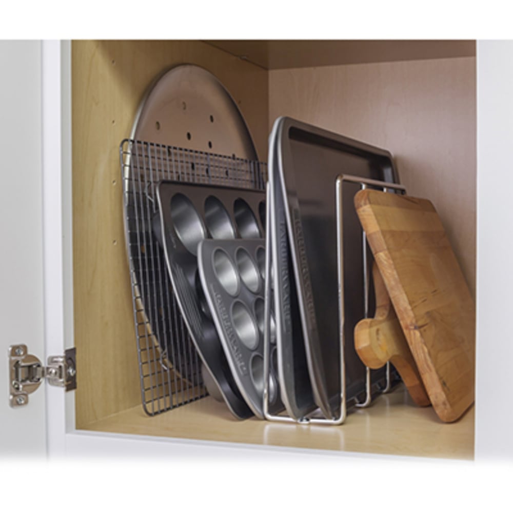 U-Shaped Tray Organizer is great for organizing baking sheets, muffin tins, cutting boards and pizza pans. Use two or more to organize in 5049007 Tray Divider Cabinet Storage Organizer Polished Chrome