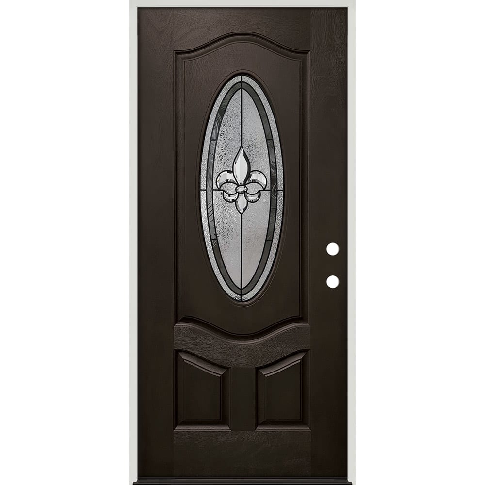 Oval Insulated Glass Insert And Decorative Patina (Black)Caming Pattern; Left Hand. Ready to install. Completely assembled with 4-9/16" 45320030 36 Prefinished Prehung Fiberglass Exterior Door Unit Left Hand