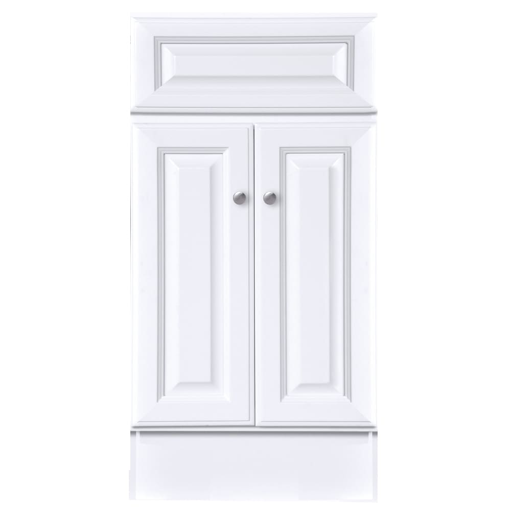 Bright white painted finish. 1/2" plywood sides and back with 3/4" cabinet face frame. Raised panel, high density fiberboard drawer fronts 50240100 HARBOR WHITE 18X16 TWO DOOR VANITY BASE