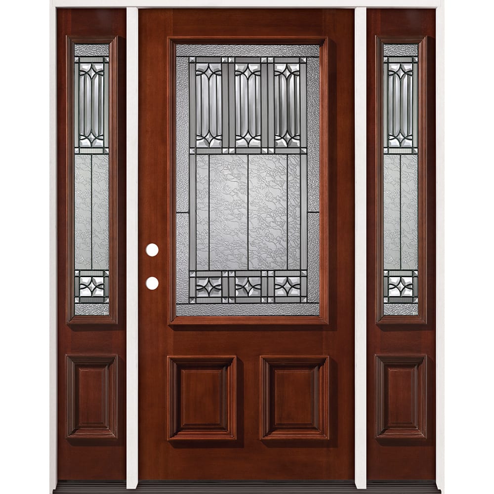 3/4 Lite Pre-finished 36" Mahogany Wood Door Unit with 12" Sidelites.
Prehung in 4-9/16" primed jambs and includes frame, hinges, 4526305 PREFINISHED MAHOGANY GLASS BLACK CAMING W SIDES RIGHT HAND