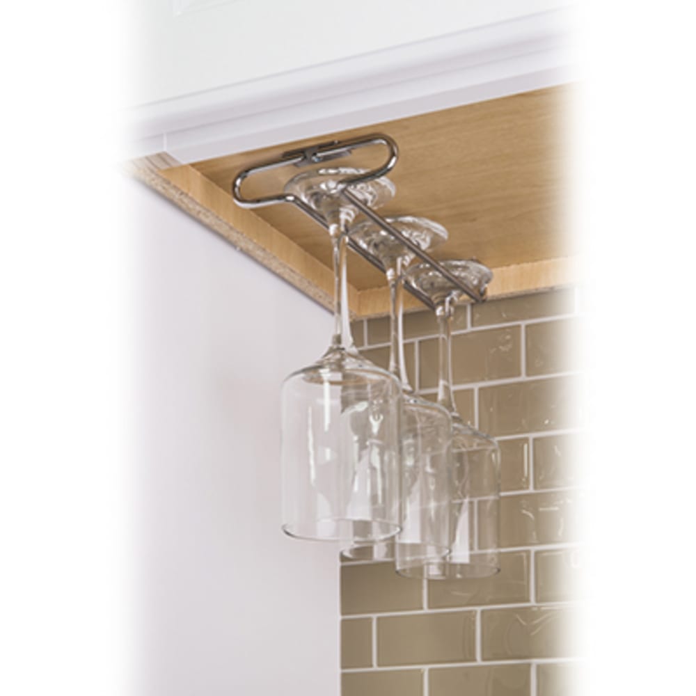 Stem Glass Holder W 4-1/16" D 9-1/16" H 1" Mounting hardware included. Attaches to underneath of wall cabinet. 5049011 Stemware Cabinet Storage Rack Polished Chrome