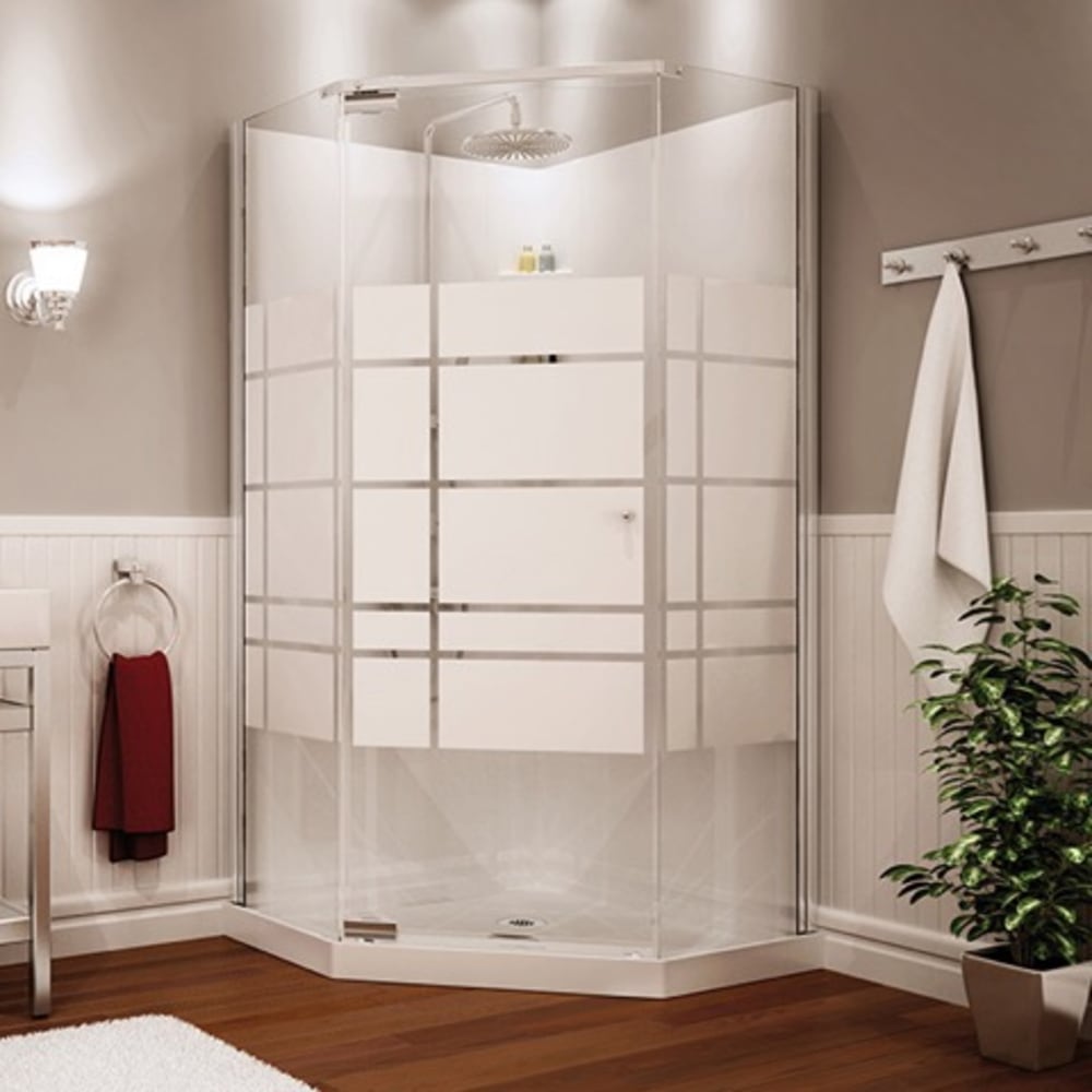 Three piece polystyrene shower wall with three convenient shelves. Textured base is easy to clean and silicone free. Pivot shower door is 464899 Begonia 36 Frameless Neoangle Shower unit by Maax