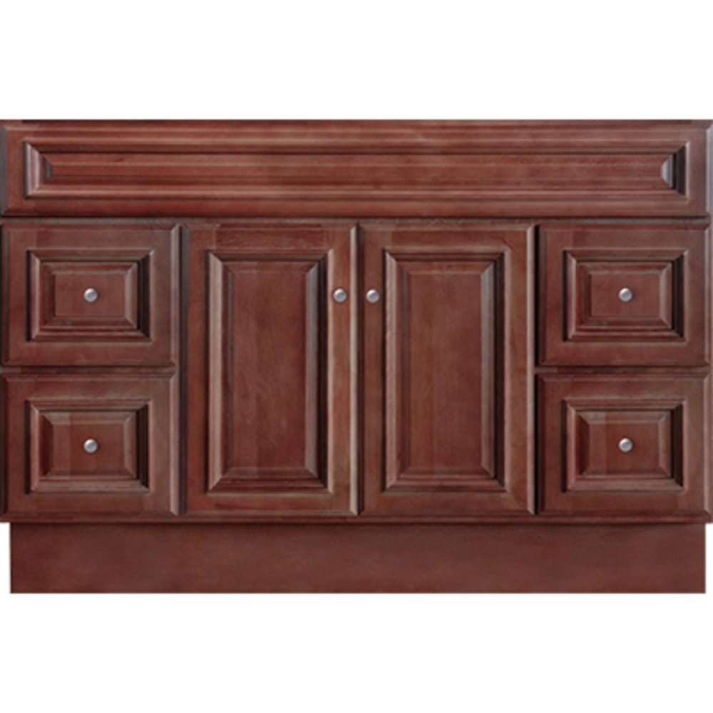 Beautiful cherry finish. 1/2" plywood sides and back with 3/4" cabinet face frame. Solid maple raised panel with applied moulding drawer 5024369 Savannah Merlot 48x21 Two Door Four Drawer Vanity base