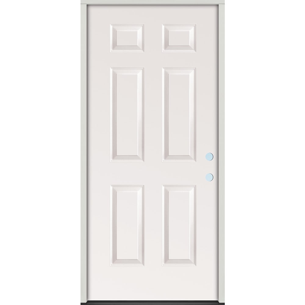 Energy efficient insulated exterior door unit. Completely assembled in primed wood frame with full weatherstripping and fixed sill. 45320066 36 Raised Panel Prehung Exterior Steel Door Unit Left Hand