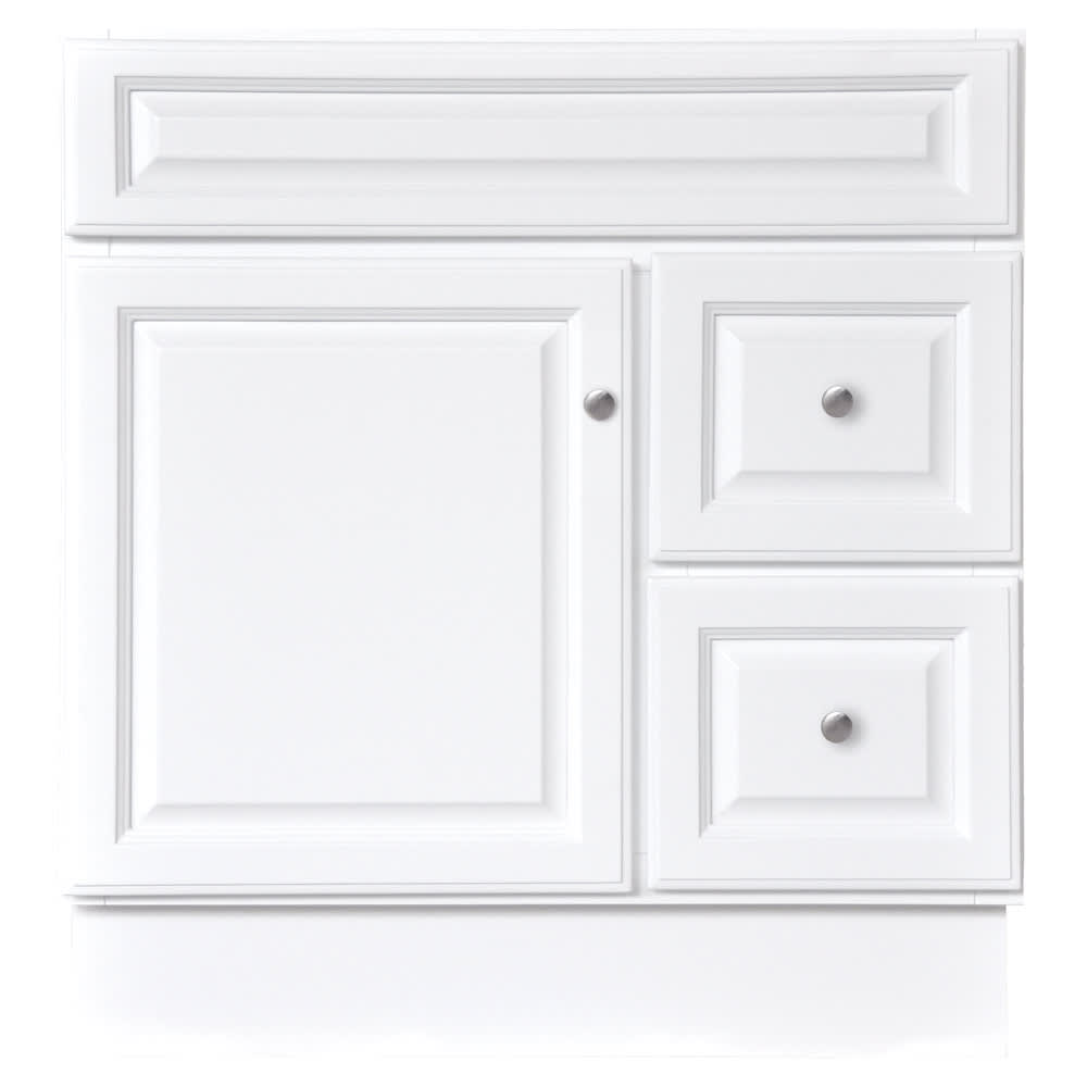 Bright white painted finish. 1/2" plywood sides and back with 3/4" cabinet face frame. Raised panel, high density fiberboard drawer fronts 50240102 HARBOR WHITE 30x21 TWO DRAWER SINGLE DOOR VANITY BASE