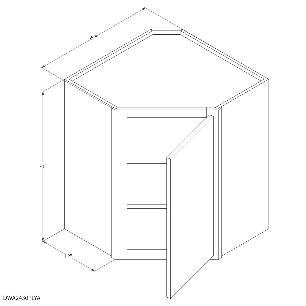 Unfinished Oak 24" x 30" Diagonal Corner Wall Cabinet Blueprint and Measurement