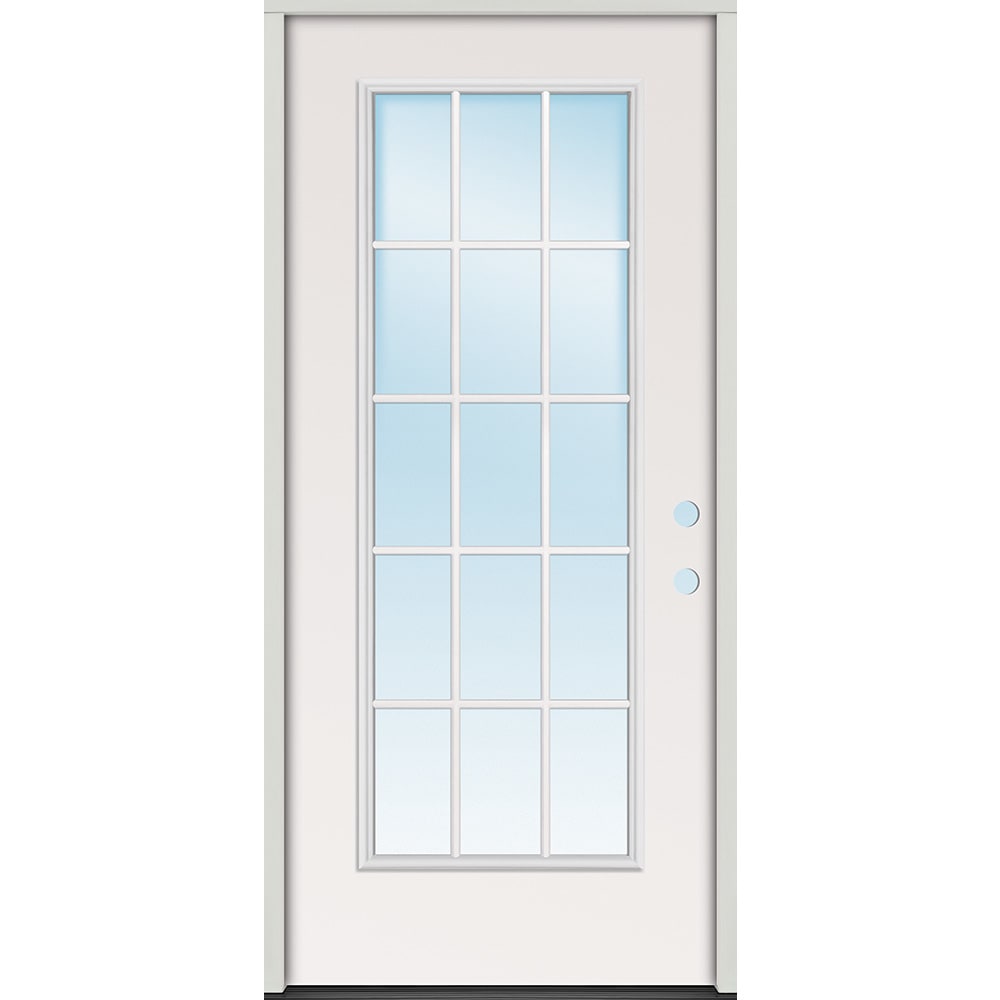 Energy efficient insulated exterior door unit. Completely assembled in primed wood frame with full weatherstripping and fixed sill. 45320080 32 15 Lite Prehung Exterior Steel Door Unit Left Hand
