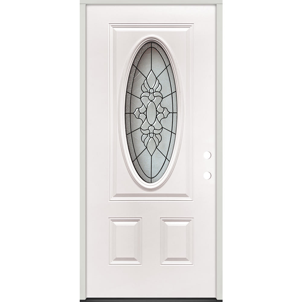 Energy efficient insulated exterior door unit. Completely assembled in primed wood frame with full weatherstripping and fixed sill. 45320049 36 Oval Glass Prehung Exterior Steel Door Unit Left Hand
