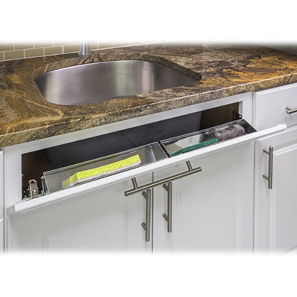 Tipout tray makes front of sink base a convenient way to hide sponges, abrasive pads, strainer baskets, etc. out of everyday view and keep 5049041 Sink Front Cabinet Storage Tipout Tray 14 wide Stainless Steel