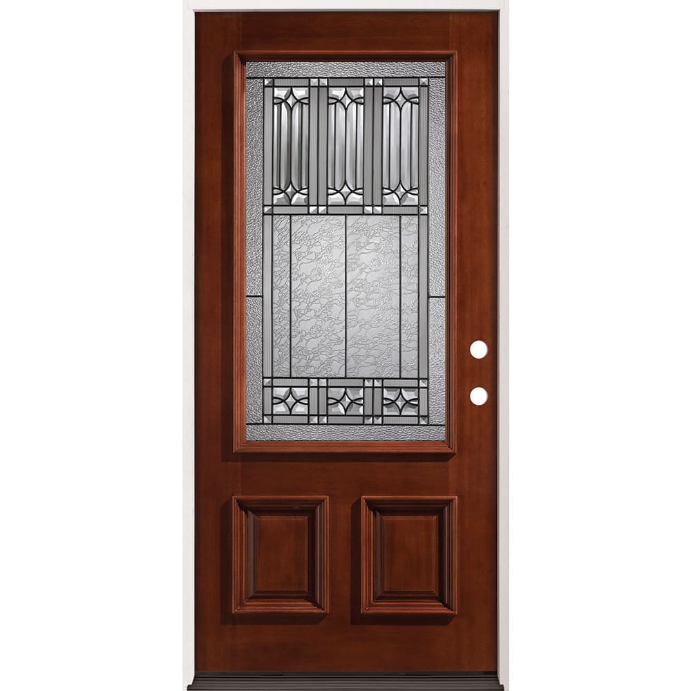 Pre-stained mahogany wood door. Insulated glass with patina-black caming. Unit size is 37-3/4" x 81-1/2". Rough opening: 38-1/4" x 82". 4526306 36 Prefinished Mahogany Prehung Exterior Door Unit Left Hand