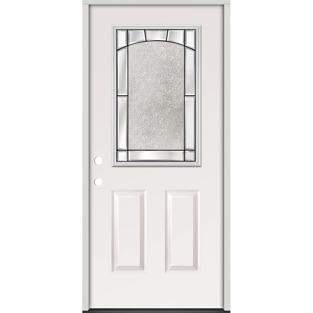 Energy efficient insulated exterior door unit. Completely assembled in primed wood frame with full weather stripping and fixed 45320155 36 Half Glass Prehung Exterior Steel Door Unit Right Hand
