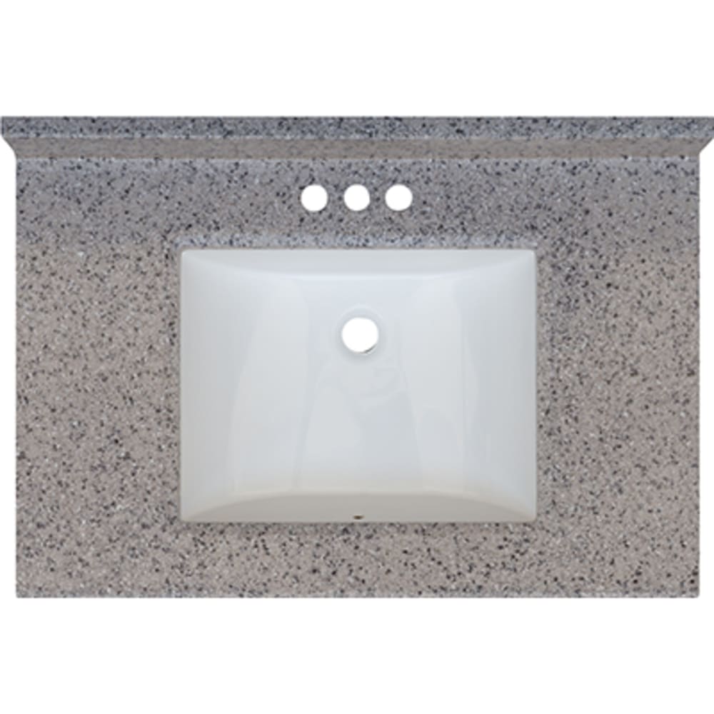 Seamless bowl construction, attached seamless backsplash. Rectangular "Wave" Bowl w/ radius edge. 4" oc faucet holes compatible with most 5020699 Rocky Trail 31x22 Engineered Stone Granite Finish Vanity Top