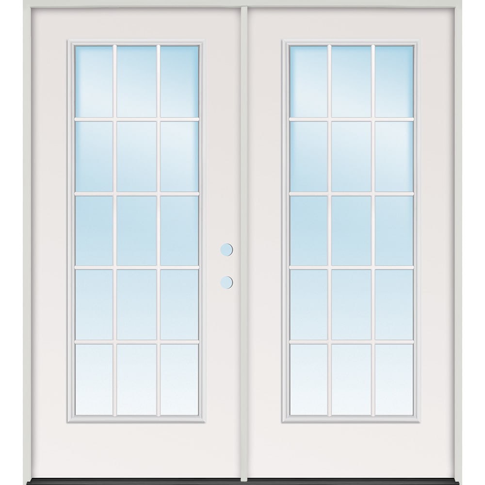 Both doors open. Energy efficient insulated exterior door unit. Completely assembled with full weatherstripping and fixed sill. 45320086 72 15 Lite Steel Prehung Exterior Double Door Unit Left Hand