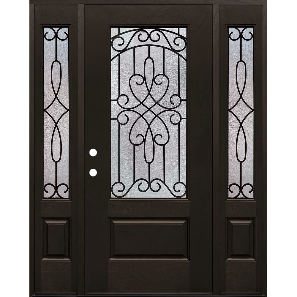 This 36" wide door with 12" sidelights has insulated glass and is ready to install.
Pre-finished mahogany wood grain fiberglass door and 4533154 60 FIBERGLASS IRON GRILLES DOOR UNIT W SIDELIGHTS RIGHT HAND