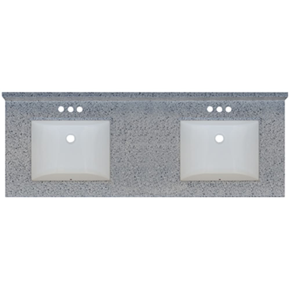 Seamless bowl construction, attached seamless backsplash. Rectangular "Wave" Bowl w/ radius edge. 4" oc faucet holes compatible with most 5020720 Moonscape 61x22 Engineered Stone Granite Finish Vanity Top