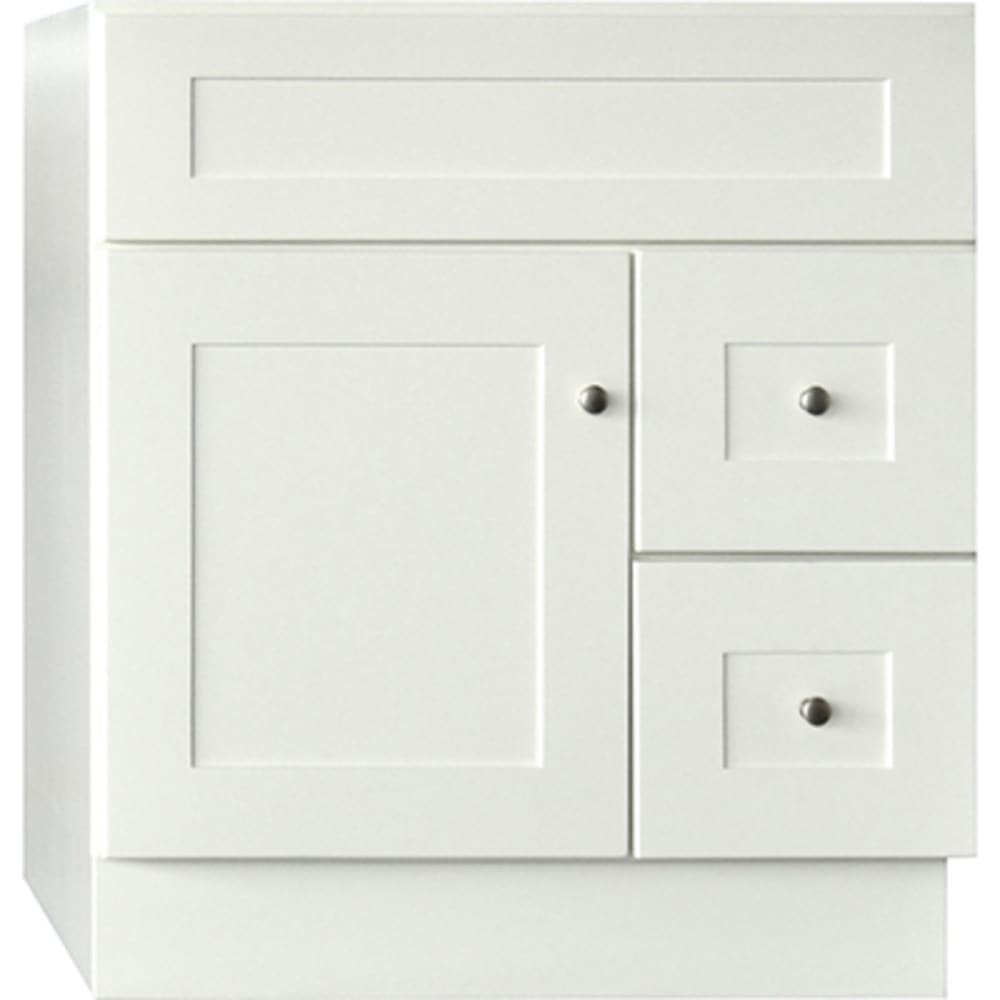 Beautiful linen white finish. 1/2" plywood sides and back with 3/4" cabinet face frame. Shaker style doors and drawers with 30" x 21" GHI Linen White Shaker 1-door, 2-drawer Cabinet Vanity Base