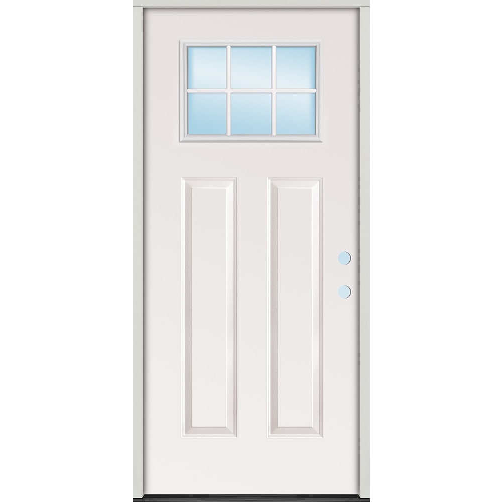 Prehung in 4-9/16" primed jambs. External grilles.
Includes frame, hinges, weatherstripping, sweep and threshold.
Actual unit size: 33-1 4532372 32 Steel 6 Lite Craftsman Door Unit Left Hand