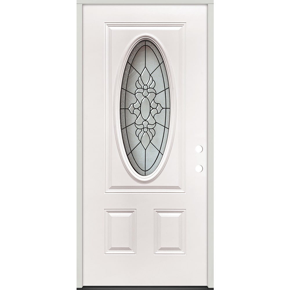 Energy efficient insulated exterior door unit. Completely assembled in primed wood frame with full weatherstripping and fixed sill. 45320050 36 Oval Glass Prehung Exterior Steel Door Unit Left Hand