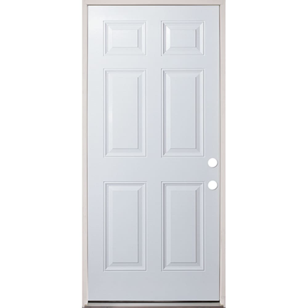 Energy efficient insulated exterior door unit. Completely assembled in primed wood frame with full weatherstripping and fixed sill. 45320130 32 Raised Panel Prehung Exterior Fiberglass Door Unit Left Hand