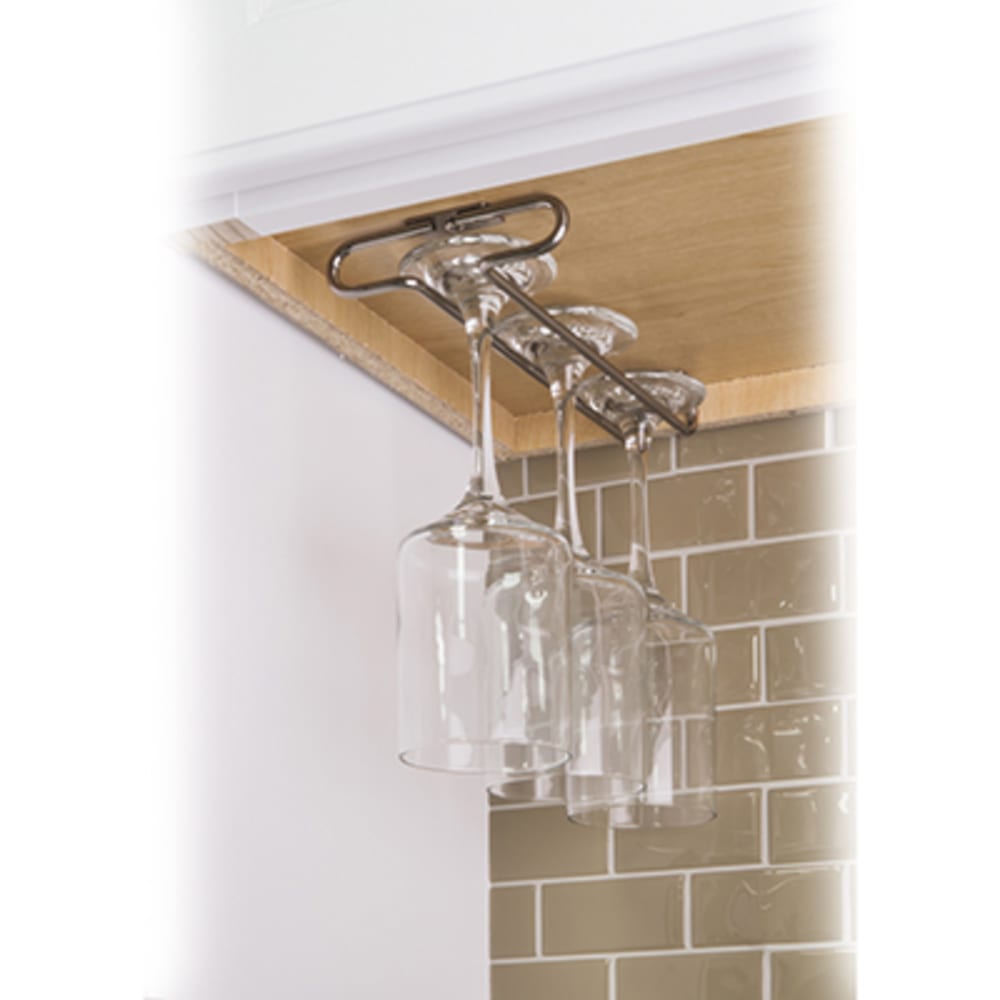 Stem Glass Holder W 4-1/16" D 9-1/16" H 1" Mounting hardware included. Attaches to underneath of wall cabinet. 5049013 Stemware Cabinet Storage Rack Satin Nickel