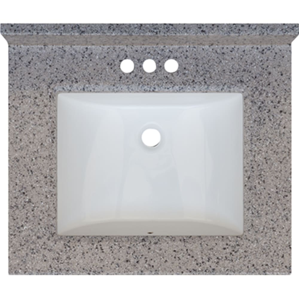 Seamless bowl construction, attached seamless backsplash. Rectangular "Wave" Bowl w/ radius edge. 4" oc faucet holes compatible with most 5020698 Rocky Trail 25x22 Engineered Stone Granite Finish Vanity Top