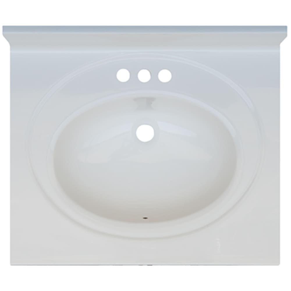 Seamless bowl construction, attached seamless backsplash. Oval Bowl w/ radius edge. 4" oc faucet holes compatible with most standard 5020692 Solid White 25x22 Engineered Stone Vanity Top