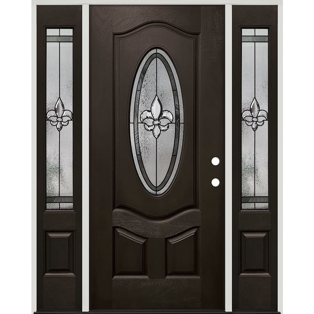 Twin Sidelights And Oval Insulated Glass Insert With Decorative Patina (Black) Caming Pattern; Left Hand. Center door is 36"; Sidelights 45320043 60 Prefinished Prehung Fiberglass Exterior Door Unit Left Hand