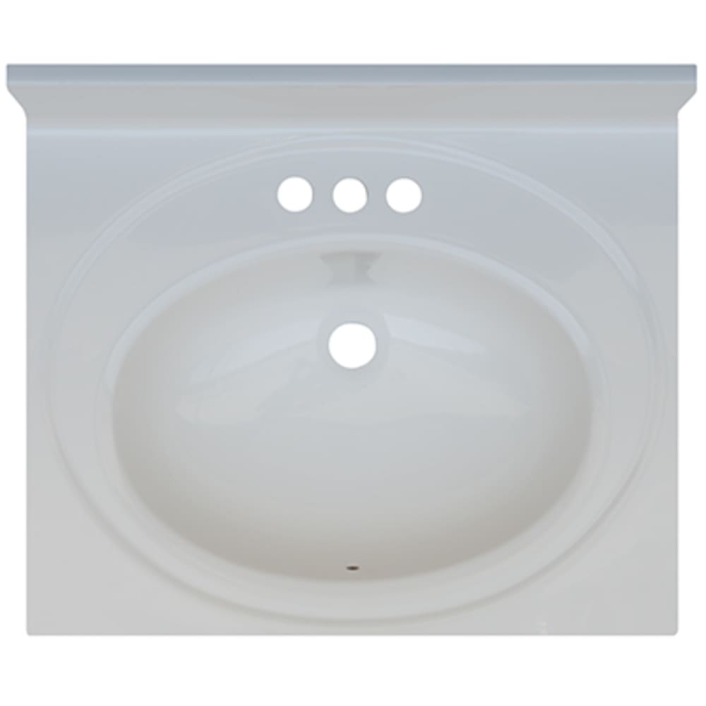 Seamless bowl construction, attached seamless backsplash. Rectangular "Wave" Bowl w/ radius edge. 4" oc faucet holes compatible with most 5020690 Solid White 19x17 Engineered Stone Vanity Top