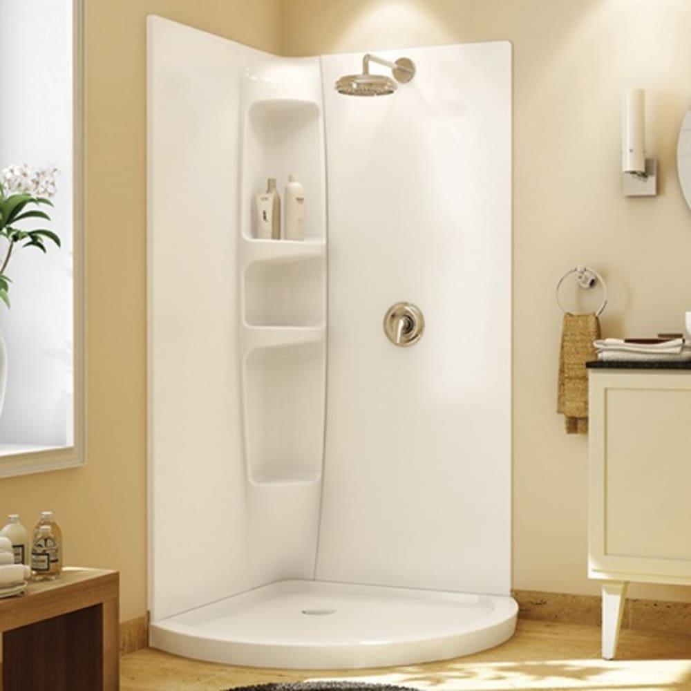 Acrylic shower wall offers wall coverage and addtional storage when used with the Olympia Round Shower. Three spacious corner shelves. Wall 401699 Olympia White Acrylic Shower Wall Surround by Maax