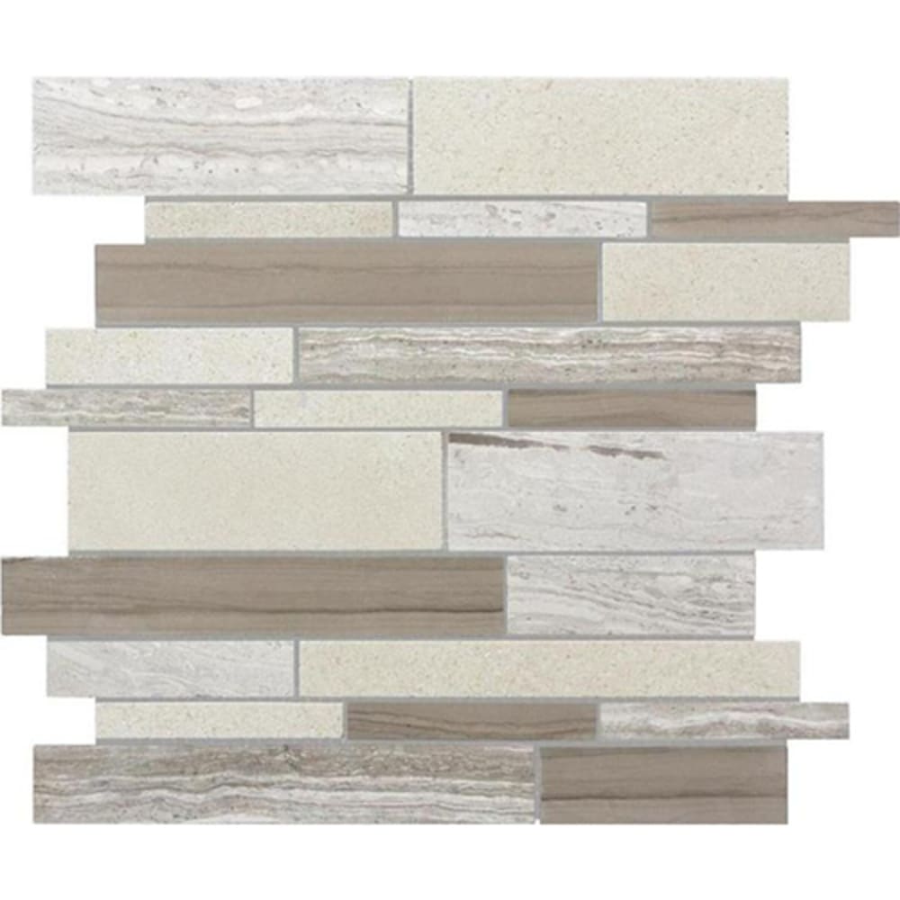 Random linear strip marble mosaic with both soft and cool tones. 5536509 Urban Blend Marble Linear Mosaic Tile