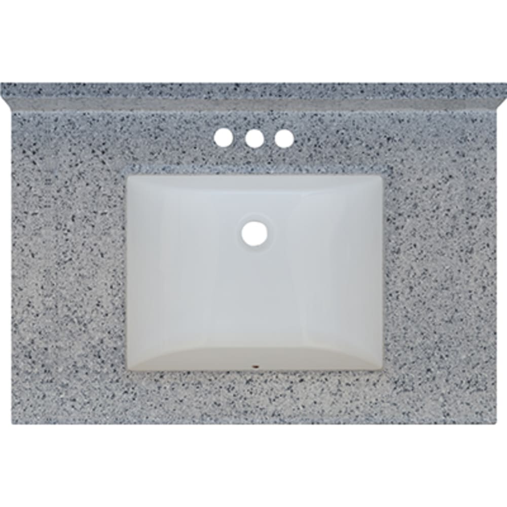 Seamless bowl construction, attached seamless backsplash. Rectangular "Wave" Bowl w/ radius edge. 4" oc faucet holes compatible with most 5020717 Moonscape 31x22 Engineered Stone Granite Finish Vanity Top
