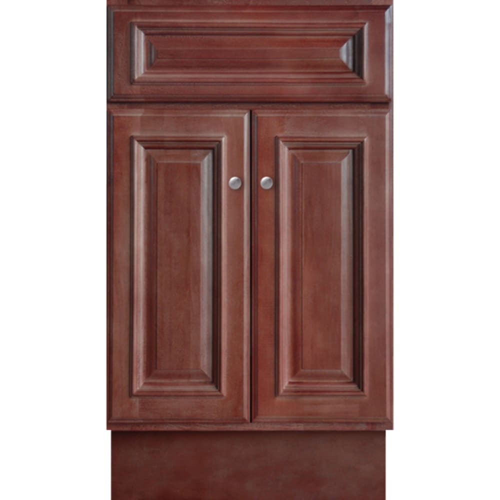 Beautiful cherry finish. 1/2" plywood sides and back with 3/4" cabinet face frame. Solid maple raised panel with applied moulding drawer 5024361 Savannah Merlot 18x16 Two Door Vanity base