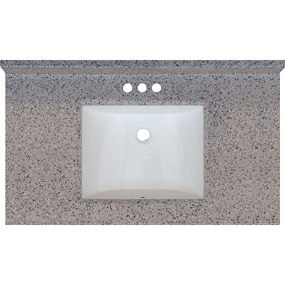 Seamless bowl construction, attached seamless backsplash. Rectangular "Wave" Bowl w/ radius edge. 4" oc faucet holes compatible with most 5020700 Rocky Trail 37x22 Engineered Stone Granite Finish Vanity Top