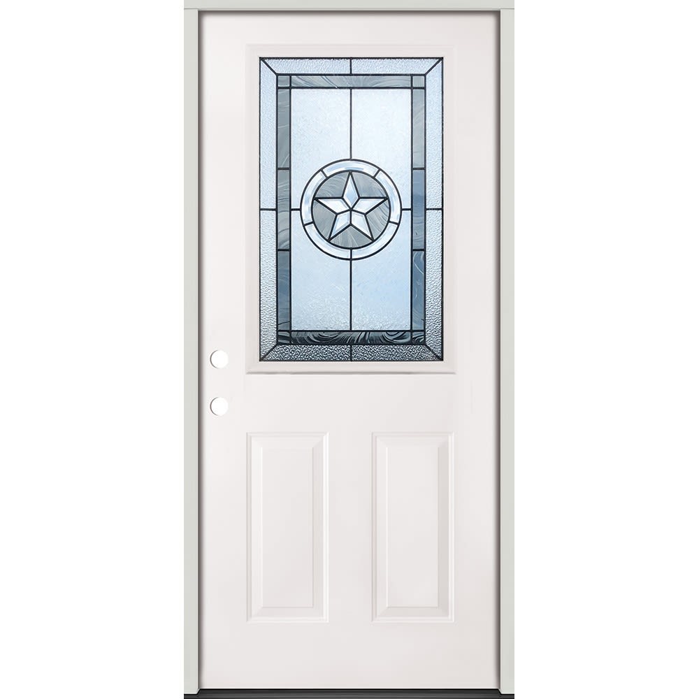 Energy efficient insulated exterior door unit. Completely assembled in primed wood frame with full weatherstripping and fixed sill. 45320053 36 Half Lite Prehung Exterior Steel Door Unit Right Hand
