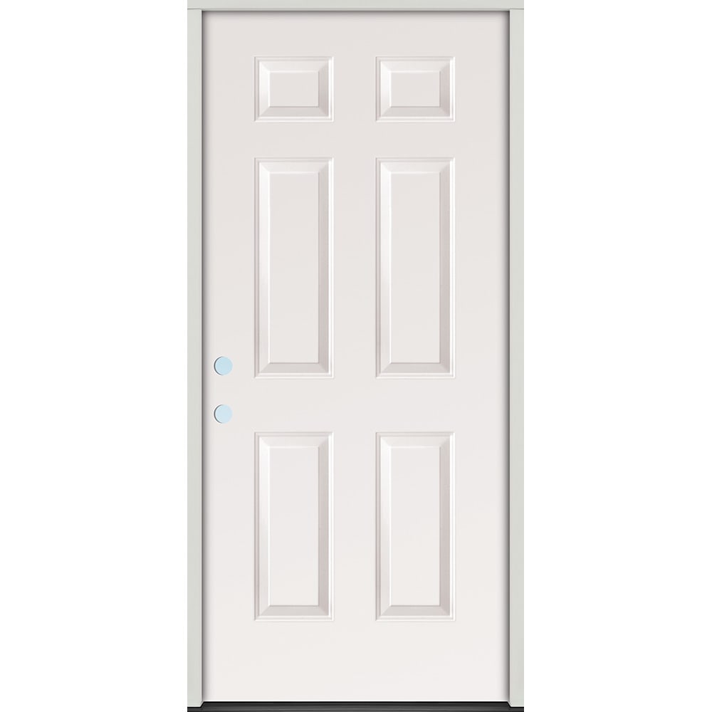 Energy efficient insulated exterior door unit. Completely assembled in primed wood frame with full weatherstripping and fixed sill. 45320067 36 Raised Panel Prehung Exterior Steel Door Unit Right Hand