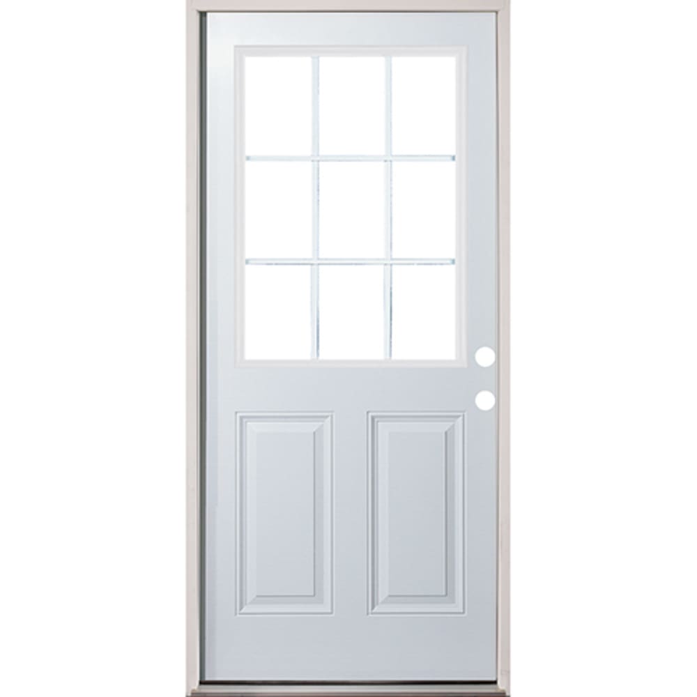 Insulated glass insert with external grids; 22" x 36". Energy efficient insulated exterior door unit. Completely assembled in 4532291 32 9 Lite Prehung Exterior Fiberglass Door Unit Left Hand