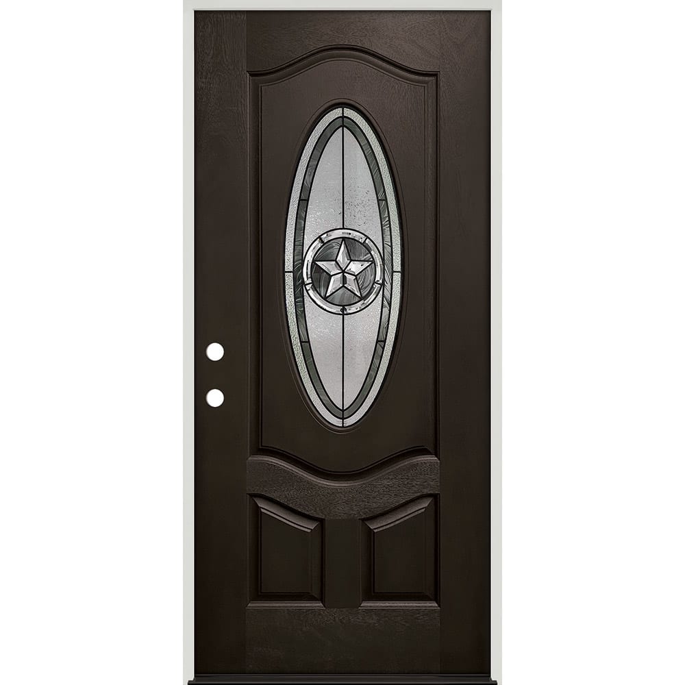 Oval Insulated Glass Insert And Decorative Patina (Black)Caming Pattern; Right Hand. Ready to install. Completely assembled with 4-9/16" 45320040 36 Prefinished Prehung Fiberglass Exterior Door Unit Right Hand