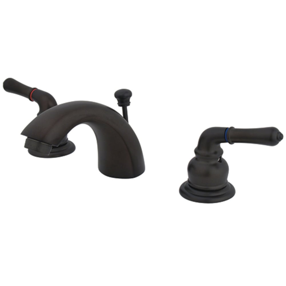 Two Handle Deck Mount, 3 Hole Sink Application, 6-Inch to 12-Inch Widespread, Fabricated from solid brass material for durability and 8020421 Dual Handle Mini Widespread Oil Rubbed Bronze Bath Faucet w popup