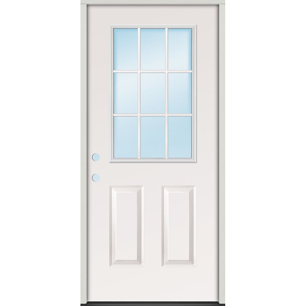 Energy efficient insulated exterior door unit. Completely assembled in primed wood frame with full weatherstripping and fixed sill. 45320073 32 9 Lite Prehung Exterior Steel Door Unit Right Hand