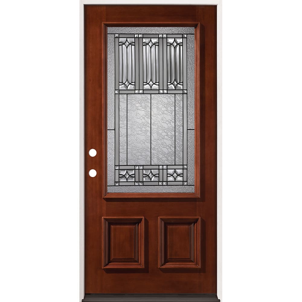 Pre-stained mahogany wood door. Insulated glass with patina-black caming. Unit size is 37-3/4" x 81-1/2". Rough opening: 38-1/4" x 82". 4526307 36 Prefinished Mahogany Prehung Exterior Door Unit Right Hand