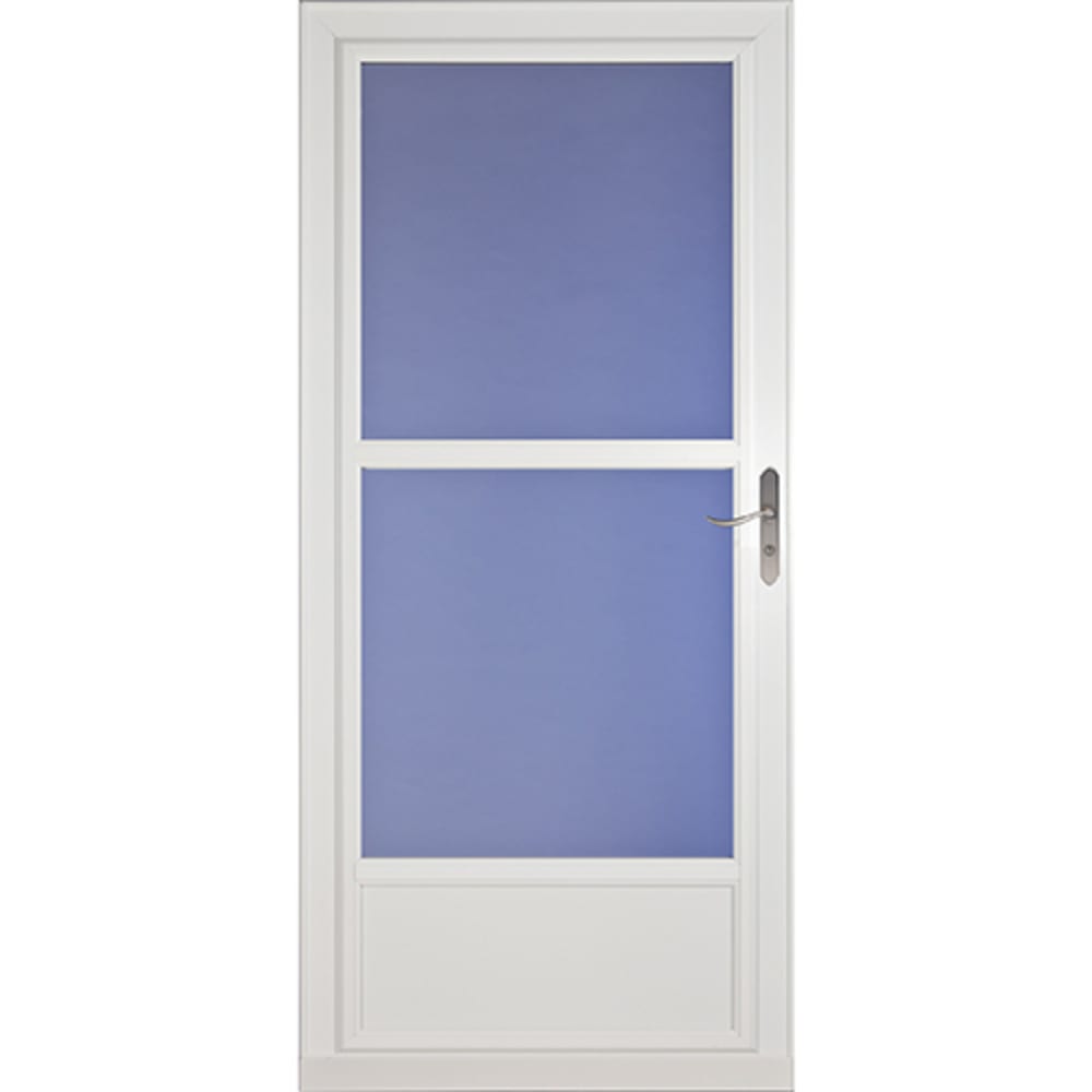 Retractable screen disappears for a clear view. Duratech surface over solid wood core for age/weather resistance. Magnetic 4540050 32 Screenaway 3 4 View Storm Door White